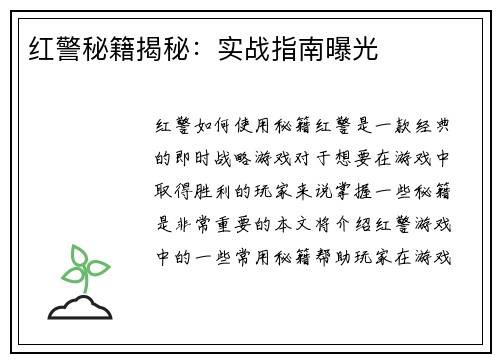 红警秘籍揭秘：实战指南曝光